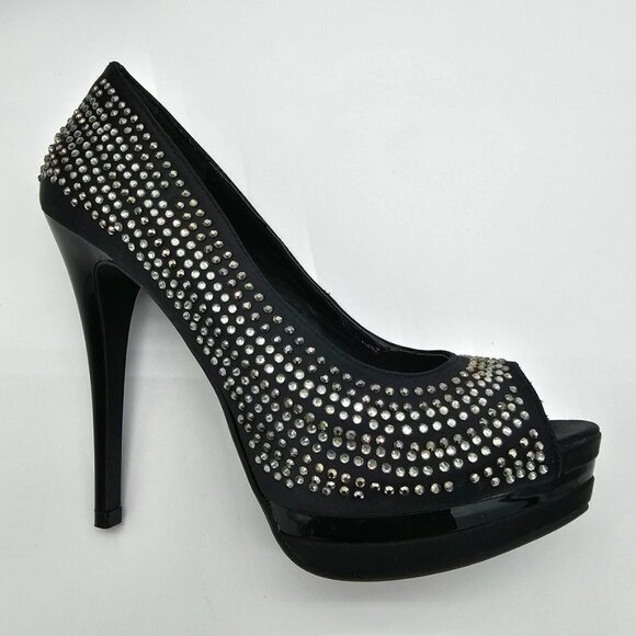 Le Chateau Women's Black Peep-Toe High Heels with rhinestones, Size 5.5, - Picture 7 of 10